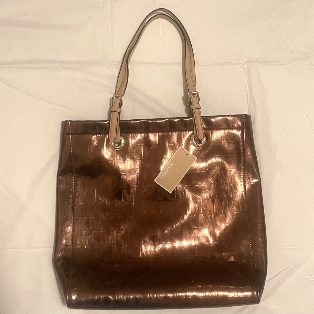 100% Authentic Michael Kors Signature Mirror Metallic Pvc N/S Tote In Ro